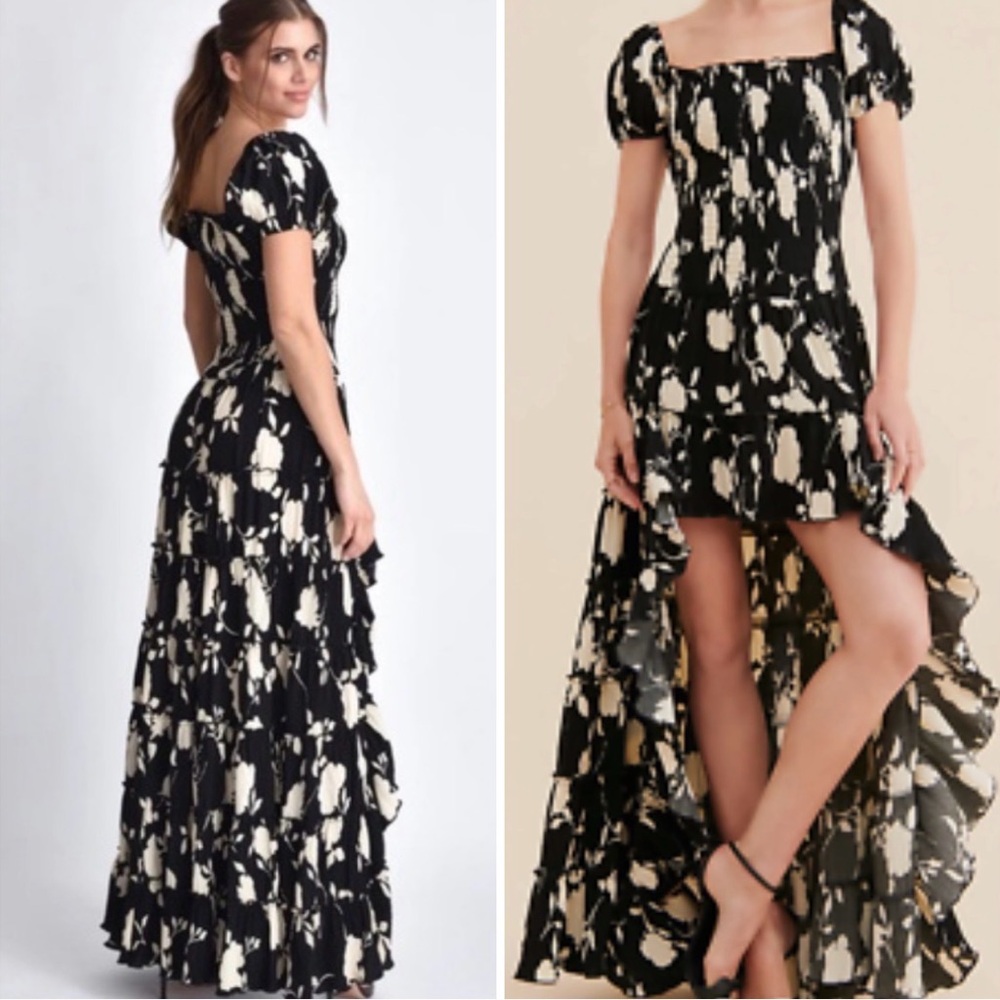Muche et Muchette Sakura Hi-Low Ruffled Black Ivory Floral Maxi Dress. 